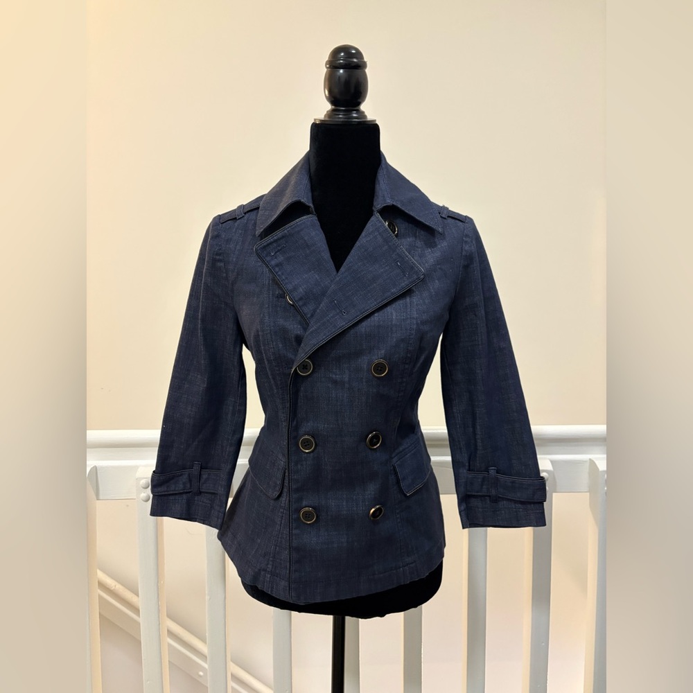 White House Black Market Dark Blue Denim Jacket with Leather Trim NWT
